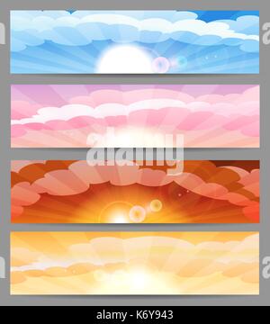 Satz von vier bunten Bannern angezeigt Himmel zu verschiedenen Tageszeiten. Vector Illustration. Stock Vektor