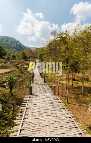 Handgefertigte lange Buddha Bambus Brücke über chemische Reisfeldern in der Nähe von touristischen Pai ich im Norden von Thailand. Asiatische Landschaft im Sommer. Stockfoto