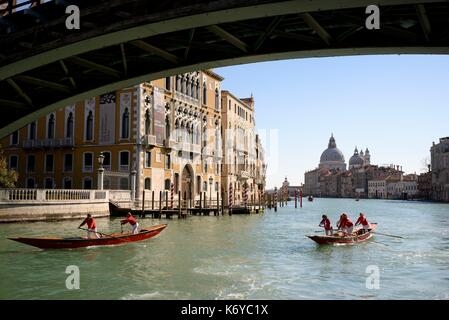 Italien, Veneto, Venedig, ein UNESCO Weltkulturerbe, Ausbildung von ruderern Für die Regata Storica am Grand Canal (Canal Grande) unter der Brücke Ponte dell'Accademia Brücke, die Basilika der heiligen Maria der Gesundheit (Basilica di Santa Maria della Salute) im Hintergrund Stockfoto