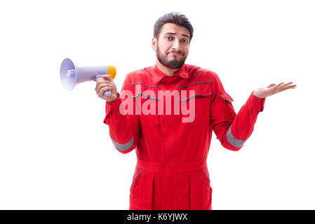 Junge Handwerker mit einem Megaphon Megaphon auf weißem Hintergrund Stockfoto