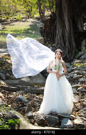 Foto von Vor Hochzeit Asiatische Paare unter einem Baum in einem Blumengarten im Konzept der Beginn einer Partnerschaft leben und Familie. Stockfoto