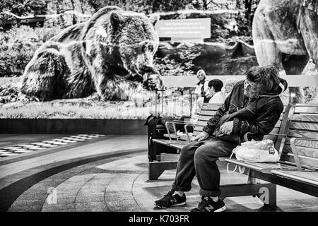 Deutschland einen Obdachlosen betrunken auf einer Bank sitzen einer Halle der U-Bahnhof Zoologischer Garten, Berlin Stockfoto