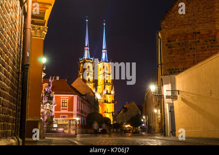 Die beleuchteten Türme der Breslauer Dom St. Johannes der Täufer (Archikatedra Św. Jana Chrzciciela) auf Ostrow Tumski bei Nacht, Wroclaw, Polen Stockfoto