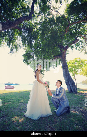 Foto von Vor Hochzeit Asiatische Paare unter einem Baum in einem Blumengarten im Konzept der Beginn einer Partnerschaft leben und Familie. Stockfoto