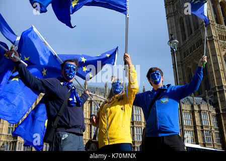 Pro Europe bleibt gegen den brexit protestierende, die europäische Fahnen vor den Häusern des Parliament Palace in Westminster London schwenken Stockfoto