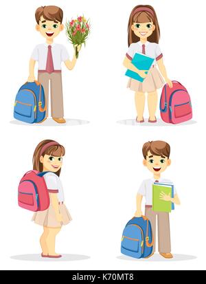 Schüler und Schülerin mit Rucksack. Zurück zur Schule. Nett lächelnden Jungen und Mädchen. Zeichentrickfiguren. Satz von vier Vektorgrafiken. Stock Vektor