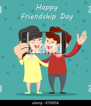 Glückliche Freundschaft tag Grußkarte. Freunde umarmen, lächeln und selfie. Männliche und weibliche Cartoonfiguren. Vector Illustration Stock Vektor