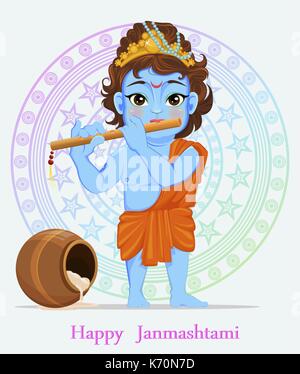 Happy Janmashtami. Die Feier der Geburt von Krishna. Junge mit Flöte. Traditionelle indische fest. Vector Illustration auf abstrakten Hintergrund Stock Vektor