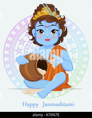 Happy Janmashtami. Die Feier der Geburt von Krishna. Traditionelle indische fest. Vector Illustration auf abstrakten Hintergrund Stock Vektor