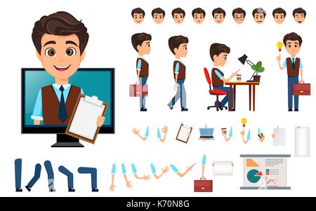 Character Creation eingestellt. Young Business Mann mit verschiedenen Emotionen, in unterschiedlichen Posen. Cartoon Geschäftsmann. Vector Illustration Stock Vektor