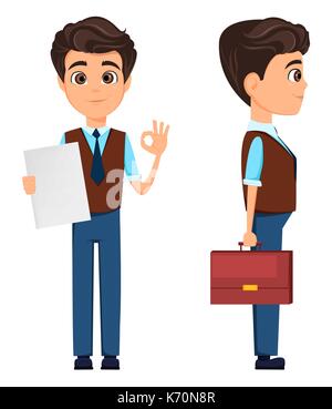 Business Mann cartoon Charakter. Geschäftsmann mit ok Zeichen und Holding Aktentasche. Vorder- und Seitenansicht. Vector Illustration. Stock Vektor