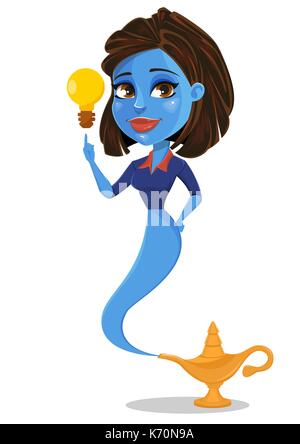 Schöne Geschäftsfrau Genie, das aus einem Magic Gold Lampe. Geschäftsfrau, die Idee. Cute cartoon Charakter. Vector Illustration. Stock Vektor