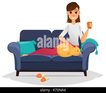 Stilisierten Charakter. Frau auf einem bequemen Sofa holding Cup und streichelt Ihre Katze. Freelancer. Cartoon Charakter. Vector Illustration Stock Vektor