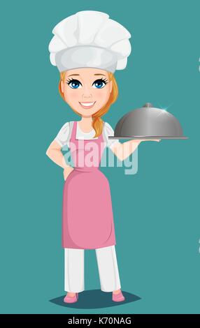 Koch Frau in rosa Schürze und Cook hat Holding restaurant Cloche. Niedliche Zeichentrickfigur kochen. Vector Illustration. EPS 10. Stock Vektor