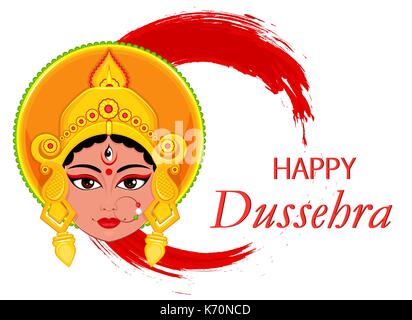 Happy Dussehra Grußkarte. Maa Durga Gesicht auf abstrakten Hintergrund für hinduistische Fest. Vector Illustration Stock Vektor