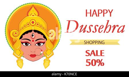 Happy Dussehra Grußkarte. Maa Durga Gesicht für hinduistische Fest. Vector Illustration auf weißen Hintergrund für Verkauf, Shopping Stock Vektor