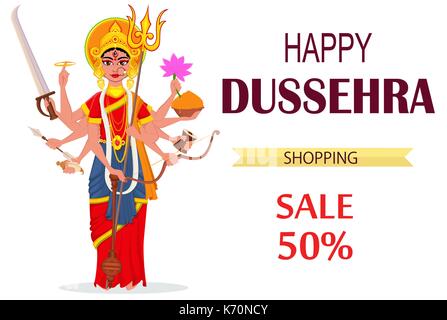 Happy Dussehra Vector Illustration für Verkauf, shopping. Maa Durga auf weißem Hintergrund für hinduistische Fest. Stock Vektor