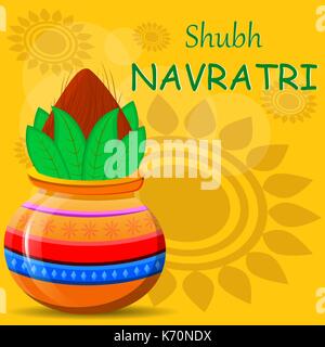 Happy Navratri Grußkarte. Topf mit Kokosnuss auf schöne Zusammenfassung Hintergrund. Vector Illustration für hinduistische Fest. Stock Vektor