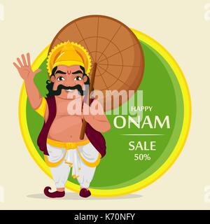 König Mahabali. Happy Onam Festival in Kerala. Vector Illustration für Verkauf oder Banner. Stock Vektor