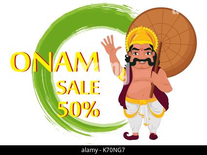 König Mahabali. Happy Onam Festival in Kerala. Vector Illustration für Verkauf auf weißem Hintergrund Stock Vektor