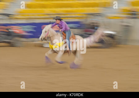 Reitsport, meine Damen National Finals Barrel Race am australischen Pferden und Vieh Events Center (AELEC) Indoor Arena, Tamworth NSW Australien, Sept. Stockfoto