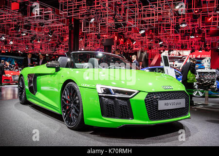 Frankfurt, Deutschland. September 2017. Internationale Automobil-Ausstellung 2017, Pressetag: Audi R8 V10 plus. Quelle: Christian Lademann Stockfoto