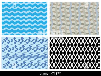 Vier unterschiedliche Proben von wave und Diamond Muster Blau und Schwarz und Weiß Stock Vektor