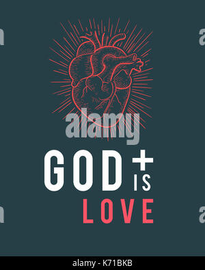 Abbildung oder Zeichnung der Satz: Gott ist die Liebe, und menschliche rote Herzen Stockfoto