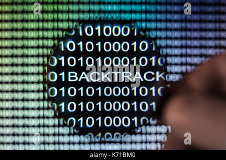Binärer Code, Lupe zeigt Backtrack backdoor Exploit Stockfoto