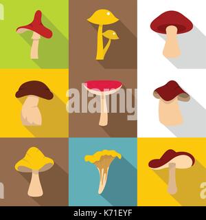 Waldpilz Icon Set, flacher Stil Stock Vektor