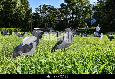 Berlin, Deutschland. 12 Sep, 2017. Malte crow Schablonen in einem Feld auf dem Gelände der Gedenkstätte Berliner Mauer in Berlin, Deutschland, 12. September 2017. Die Vögel sind Teil der Installation von Maria und Natalia Petschatnikov namens 'Berlin Krähen". Krähen waren ein Symbol der Berliner Mauer wegen ihrer Gewohnheit zu versammeln in der 'Death strip', das zwischen den beiden Mauern in der Abenddämmerung. Zwei verschiedene crow Bevölkerungen - die Nebelkrähe aus der östlich der Elbe und die rooklet aus der westlich des Flusses -, und in Berlin vermischt. Foto: Jens Kalaene/dpa-Zentralbild/ZB/dpa/Alamy leben Nachrichten Stockfoto