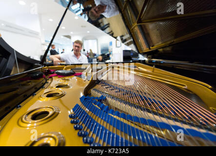 Dresden, Deutschland. 14 Sep, 2019. Klavierbauer Bert Kirsten intoniert die Hämmer von einem Klavier während einer Tour von der Handwerkskammer in Dresden, Deutschland, 14. September 2019 organisiert. Die Kammer organisierte Tag des Handwerks findet am 16. September 2017. Foto: Monika Skolimowska/dpa-Zentralbild/dpa/Alamy leben Nachrichten Stockfoto