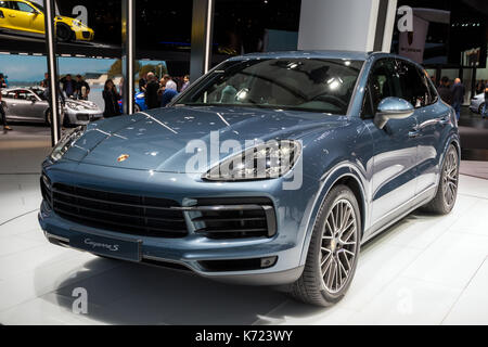 Frankfurt am Main, Deutschland. 13 Sep, 2017. Neue 2018 Porsche Cayenne S Auto präsentiert auf der Frankfurter Automobilausstellung IAA 2017. Credit: JLBvdWOLF/Alamy leben Nachrichten Stockfoto