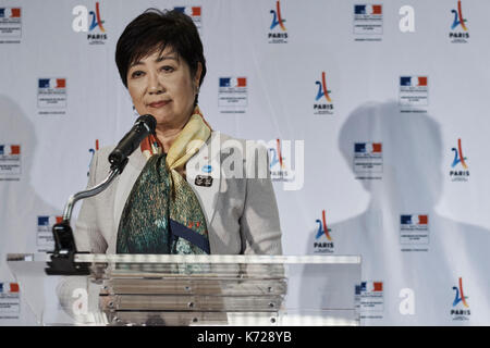 Tokio, Japan. 14 Sep, 2017. Yuriko Koike an der Französischen Botschaft September 14, 2017: Yuriko Koike, Gouverneur von Tokio bietet eine Rede an der Französischen Botschaft während einer Veranstaltung mit französischen Unternehmen in Tokio am 14. September 2017. Am 13. September das IOC bekannt Paris siegreichen 2024 olympische Angebot. Credit: Nicolas Datiche/LBA/Alamy leben Nachrichten Stockfoto