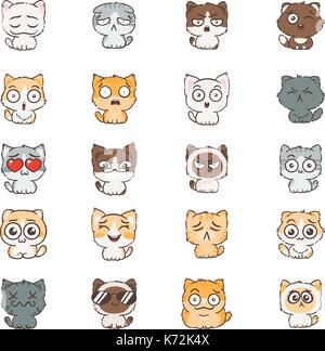 Cute Cartoon, Katzen und Hunde mit unterschiedlichen Emotionen. Aufkleber Sammlung. Vektor einrichten von Doodle Emoji und Emoticons. Stock Vektor