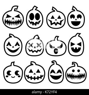 Halloween Kürbisse vektor Icon Set, Halloween gruselige Gesichter Design Collection, Schlaganfall Kürbis Deko in Schwarz auf weißem Hintergrund Stock Vektor