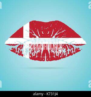 Dänemark Flagge Lippenstift auf den Lippen isoliert auf einem weißen Hintergrund. Vector Illustration. Stock Vektor