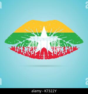 Myanmar Flagge Lippenstift auf den Lippen isoliert auf einem weißen Hintergrund. Vector Illustration. Stock Vektor