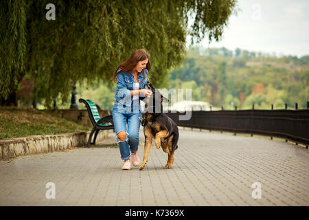 Ein junges Mädchen ist Wandern mit Hund im Park. Stockfoto