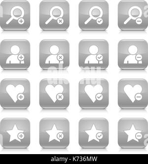 16 zusätzliche Icon Set 07. Weiße Zeichen auf Grau abgerundete quadratische Schaltfläche mit grauen Reflexion, schwarzer Schatten auf weißem Hintergrund. Glänzend Stil Stock Vektor