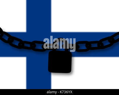 Finnland Sicherheit. Silhouette einer Kette und einem Vorhängeschloss über nationale Flagge Stockfoto