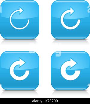 4 Pfeilsymbol. Weiß wiederholen, neu laden, aktualisieren, Rotation unterzeichnen. Set 05. Blaue abgerundete quadratische Schaltfläche mit grauen Reflexion, schwarzer Schatten auf weißem Hintergrund. Stock Vektor