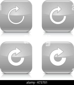 4 Pfeilsymbol. Weiß wiederholen, Laden, Rotation, aktualisieren. Set 05. Grau abgerundete quadratische Schaltfläche mit grauen Reflexion, schwarzer Schatten auf weißem Hintergrund. Stock Vektor