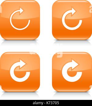 4 Pfeilsymbol. Weiß aktualisieren, Laden, Rotation, wiederholen Sie unterzeichnen. Set 05. Orange abgerundete quadratische Schaltfläche mit grauen Reflexion, schwarzer Schatten auf weißem Stock Vektor
