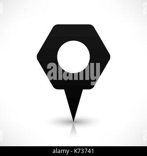 Schwarze leere abgerundete Hexagon Karte pins Zeichen leer Lage Symbol mit kreisförmigen leere Kopie Raum und graue Schatten, Spiegelung auf weißem Hintergrund in flachen Stock Vektor