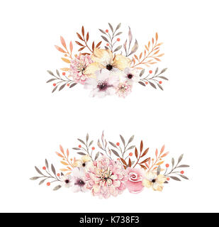 Satz von Aquarell boho Blumensträuße. Aquarell böhmischen natürlichen Rahmen: Blätter, Federn, Blumen, auf weißem Hintergrund. Künstlerische Dekoration Stockfoto