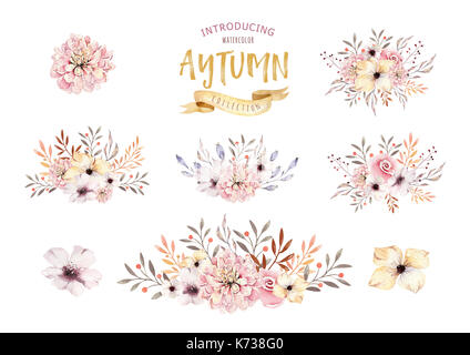 Satz von Aquarell boho Blumensträuße. Aquarell böhmischen natürlichen Rahmen: Blätter, Federn, Blumen, auf weißem Hintergrund. Künstlerische Dekoration Stockfoto