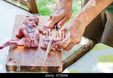 Der Mann mit Messer schneiden und Schnitzen rohes Kaninchen auf Holz Schneidebrett. Vorbereitung von Zutaten für die Paella Jambalaya, Grill im Freien, Picknick, Stockfoto