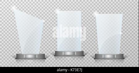 Leer Kristall Glas Trophy Awards gesetzt. Glänzend transparent Trophäe für Award auf transparentem Hintergrund. Vecror Abbildung Stock Vektor