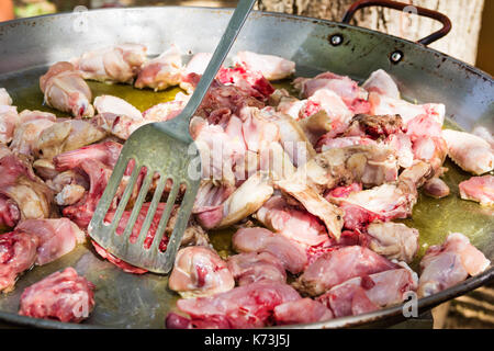 Frittieren Stücke von Kaninchen und Hähnchenfleisch in großen flachen Pfanne. Vorbereitung der Zutaten für die Paella oder Jambalaya. Draußen, Picknick, Wochenende mit der Familie. Stockfoto